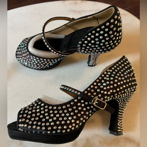 Brand New Ballroom Salsa Studded Rainbow Rhinestones Black Dance Shoes - Picture 2 of 8